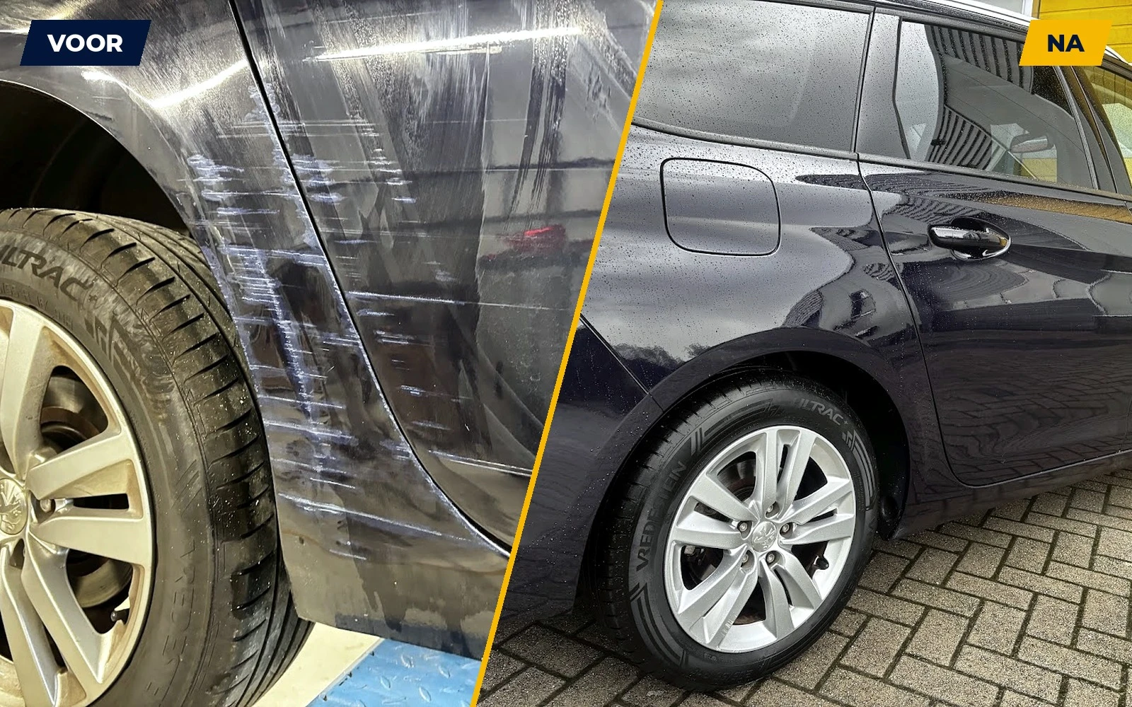 Echte voor- en nafoto van herstelde krassen op een Peugeot 308 bij Taha Spot Repair